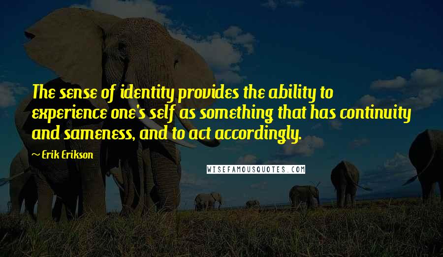 Erik Erikson Quotes: The sense of identity provides the ability to experience one's self as something that has continuity and sameness, and to act accordingly.