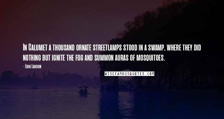 Erik Larson Quotes: In Calumet a thousand ornate streetlamps stood in a swamp, where they did nothing but ignite the fog and summon auras of mosquitoes.