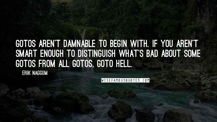 Erik Naggum Quotes: Gotos aren't damnable to begin with. If you aren't smart enough to distinguish what's bad about some gotos from all gotos, goto hell.