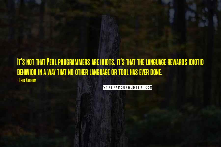 Erik Naggum Quotes: It's not that Perl programmers are idiots, it's that the language rewards idiotic behavior in a way that no other language or tool has ever done.