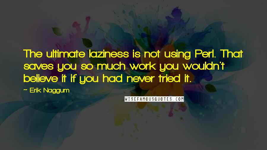 Erik Naggum Quotes: The ultimate laziness is not using Perl. That saves you so much work you wouldn't believe it if you had never tried it.