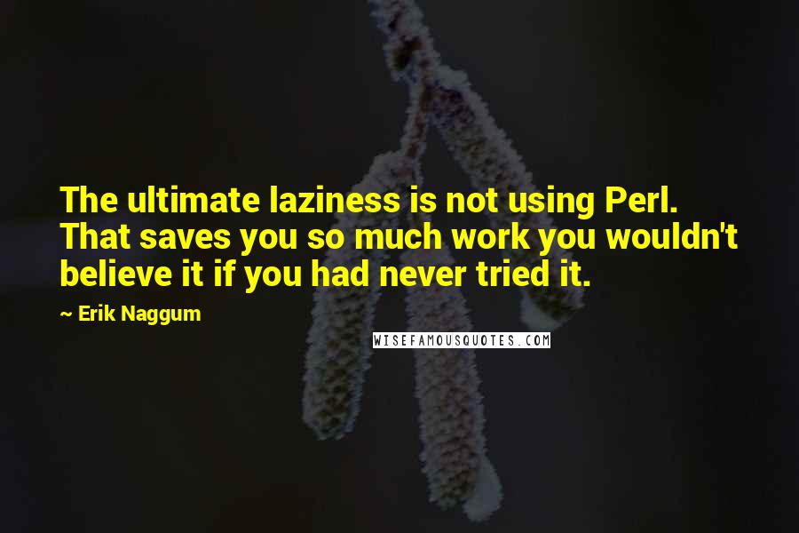 Erik Naggum Quotes: The ultimate laziness is not using Perl. That saves you so much work you wouldn't believe it if you had never tried it.