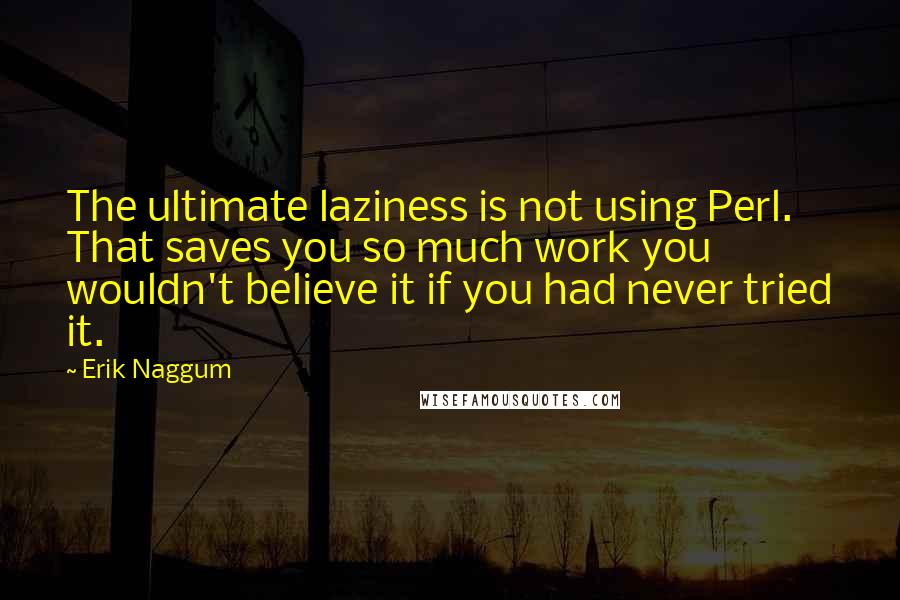 Erik Naggum Quotes: The ultimate laziness is not using Perl. That saves you so much work you wouldn't believe it if you had never tried it.