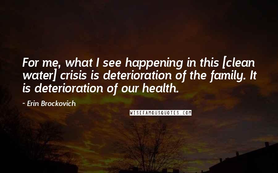 Erin Brockovich Quotes: For me, what I see happening in this [clean water] crisis is deterioration of the family. It is deterioration of our health.