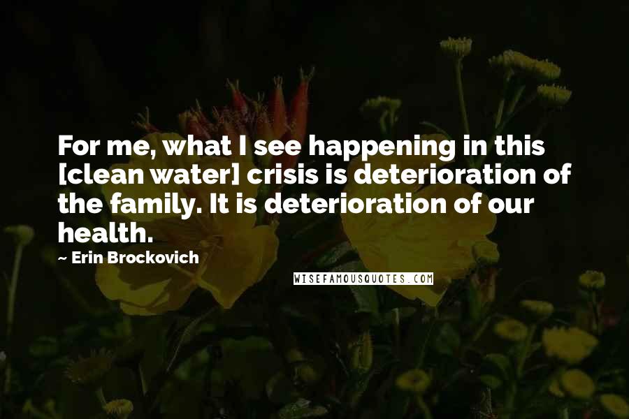 Erin Brockovich Quotes: For me, what I see happening in this [clean water] crisis is deterioration of the family. It is deterioration of our health.