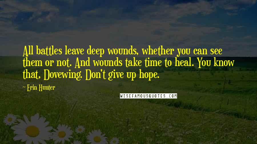 Erin Hunter Quotes: All battles leave deep wounds, whether you can see them or not. And wounds take time to heal. You know that, Dovewing. Don't give up hope.