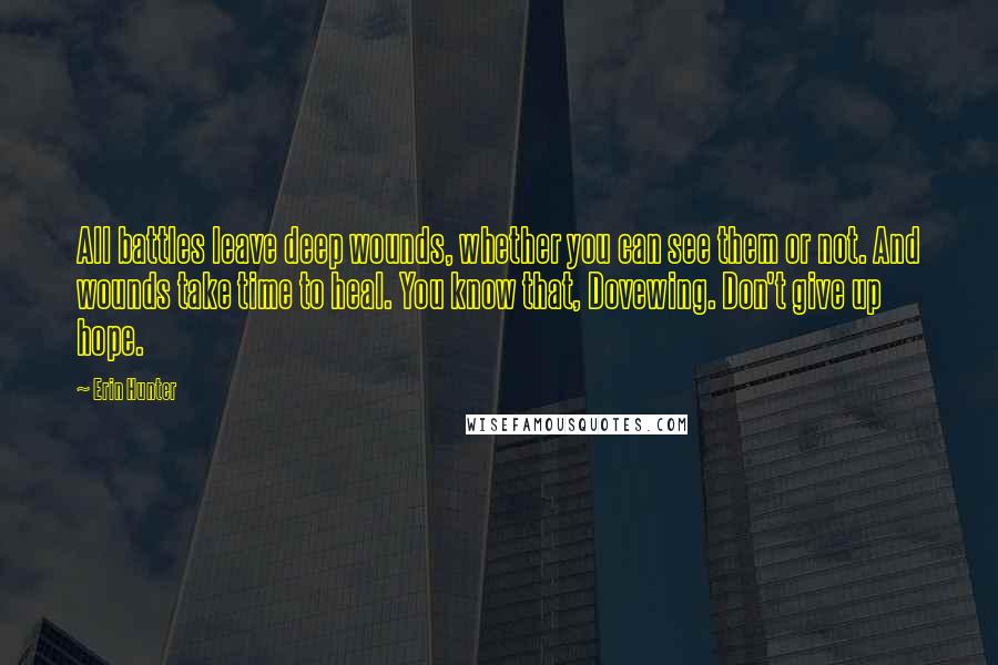 Erin Hunter Quotes: All battles leave deep wounds, whether you can see them or not. And wounds take time to heal. You know that, Dovewing. Don't give up hope.