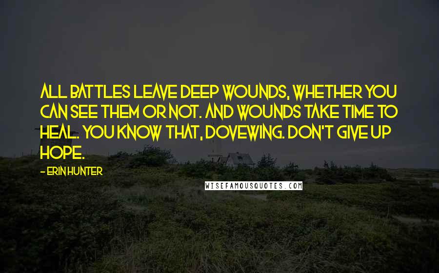 Erin Hunter Quotes: All battles leave deep wounds, whether you can see them or not. And wounds take time to heal. You know that, Dovewing. Don't give up hope.