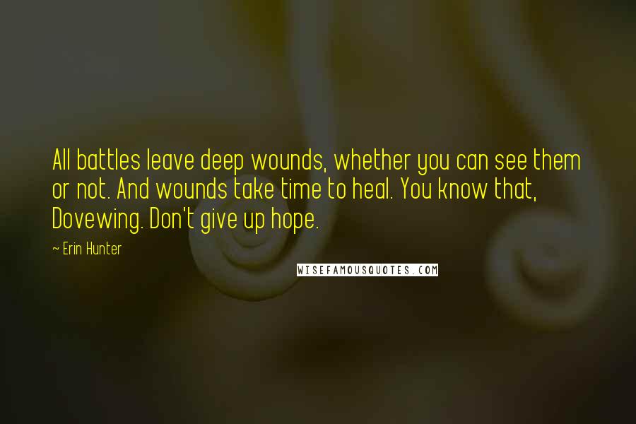 Erin Hunter Quotes: All battles leave deep wounds, whether you can see them or not. And wounds take time to heal. You know that, Dovewing. Don't give up hope.