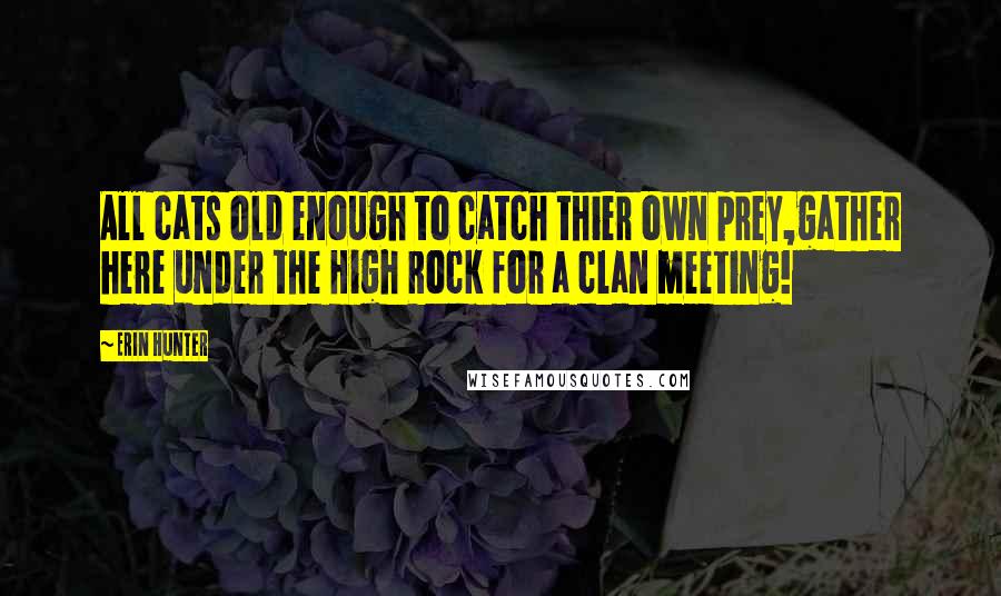 Erin Hunter Quotes: All cats old enough to catch thier own prey,gather here under the High Rock for a clan meeting!