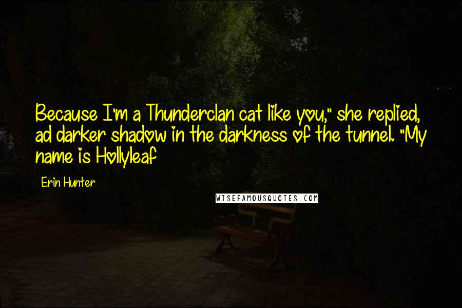 Erin Hunter Quotes: Because I'm a Thunderclan cat like you," she replied, ad darker shadow in the darkness of the tunnel. "My name is Hollyleaf