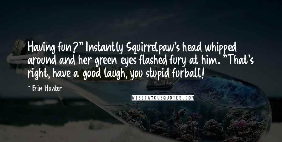 Erin Hunter Quotes: Having fun?" Instantly Squirrelpaw's head whipped around and her green eyes flashed fury at him. "That's right, have a good laugh, you stupid furball!