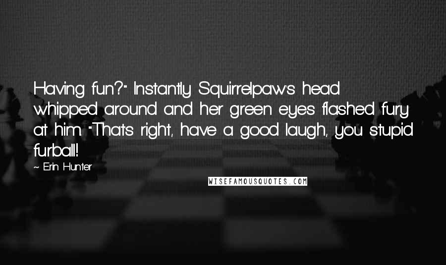 Erin Hunter Quotes: Having fun?" Instantly Squirrelpaw's head whipped around and her green eyes flashed fury at him. "That's right, have a good laugh, you stupid furball!