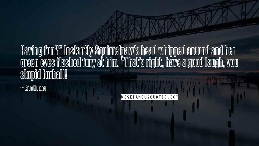 Erin Hunter Quotes: Having fun?" Instantly Squirrelpaw's head whipped around and her green eyes flashed fury at him. "That's right, have a good laugh, you stupid furball!