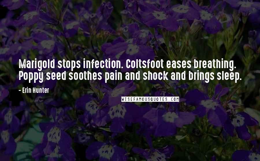 Erin Hunter Quotes: Marigold stops infection. Coltsfoot eases breathing. Poppy seed soothes pain and shock and brings sleep.