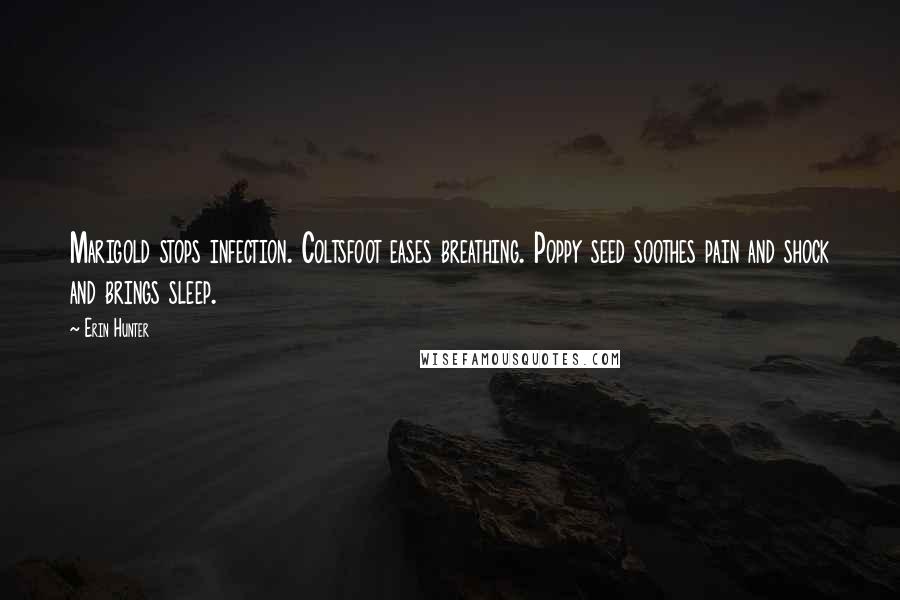 Erin Hunter Quotes: Marigold stops infection. Coltsfoot eases breathing. Poppy seed soothes pain and shock and brings sleep.
