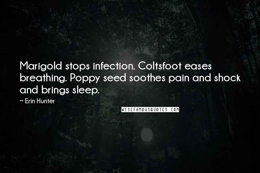 Erin Hunter Quotes: Marigold stops infection. Coltsfoot eases breathing. Poppy seed soothes pain and shock and brings sleep.