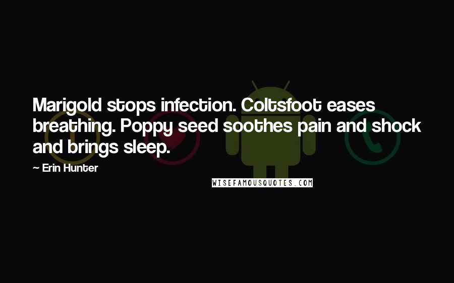 Erin Hunter Quotes: Marigold stops infection. Coltsfoot eases breathing. Poppy seed soothes pain and shock and brings sleep.