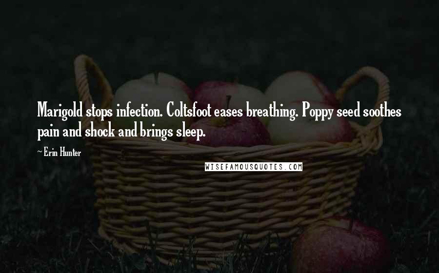 Erin Hunter Quotes: Marigold stops infection. Coltsfoot eases breathing. Poppy seed soothes pain and shock and brings sleep.