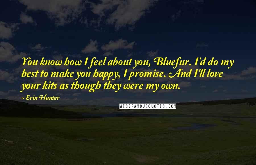 Erin Hunter Quotes: You know how I feel about you, Bluefur. I'd do my best to make you happy, I promise. And I'll love your kits as though they were my own.