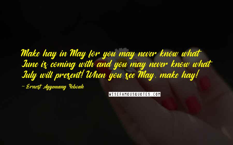 Ernest Agyemang Yeboah Quotes: Make hay in May for you may never know what June is coming with and you may never know what July will present! When you see May, make hay!