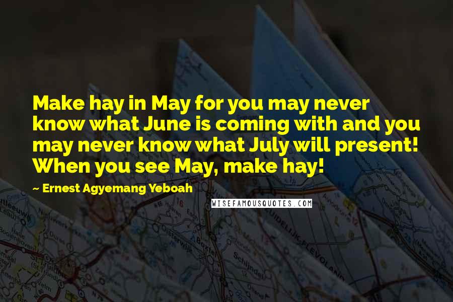 Ernest Agyemang Yeboah Quotes: Make hay in May for you may never know what June is coming with and you may never know what July will present! When you see May, make hay!