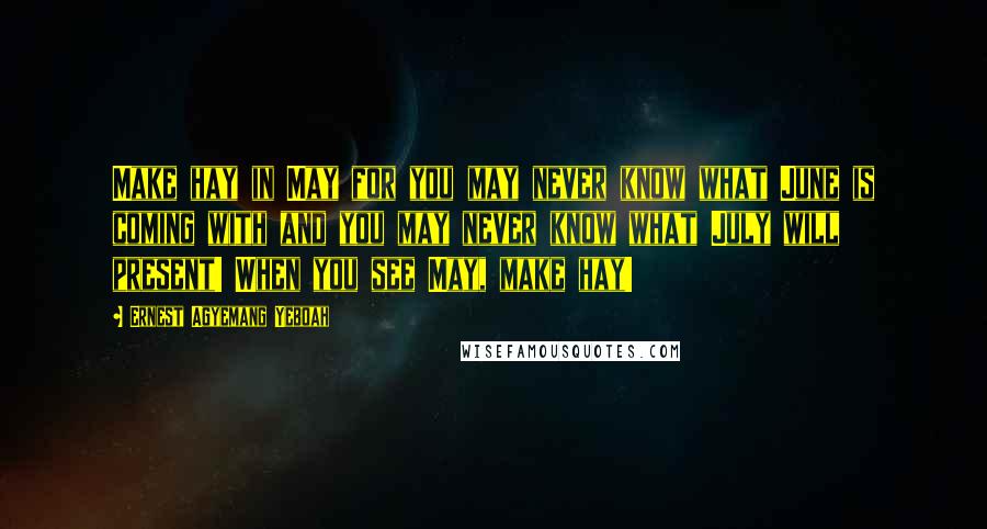 Ernest Agyemang Yeboah Quotes: Make hay in May for you may never know what June is coming with and you may never know what July will present! When you see May, make hay!