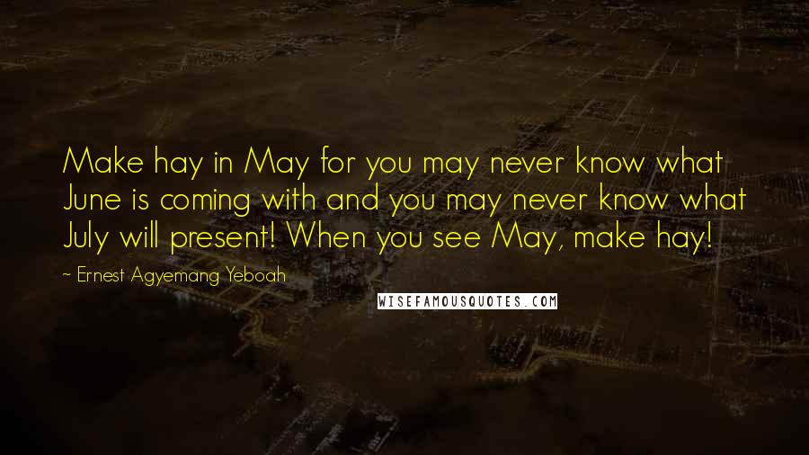 Ernest Agyemang Yeboah Quotes: Make hay in May for you may never know what June is coming with and you may never know what July will present! When you see May, make hay!