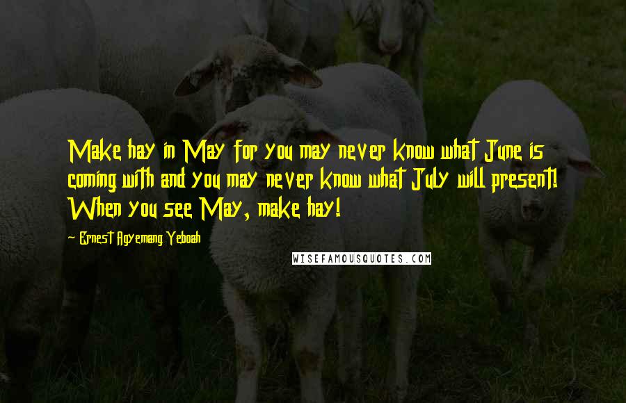 Ernest Agyemang Yeboah Quotes: Make hay in May for you may never know what June is coming with and you may never know what July will present! When you see May, make hay!