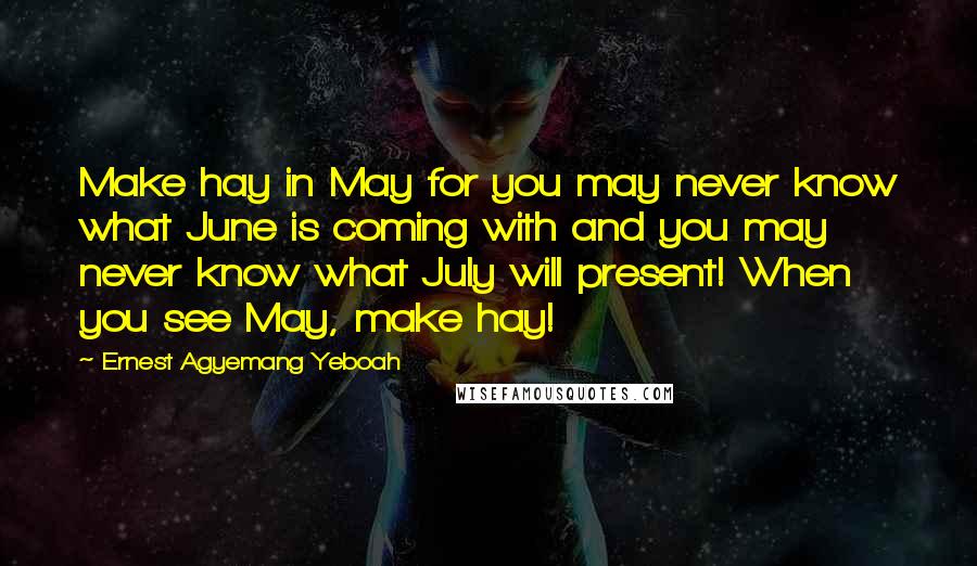 Ernest Agyemang Yeboah Quotes: Make hay in May for you may never know what June is coming with and you may never know what July will present! When you see May, make hay!