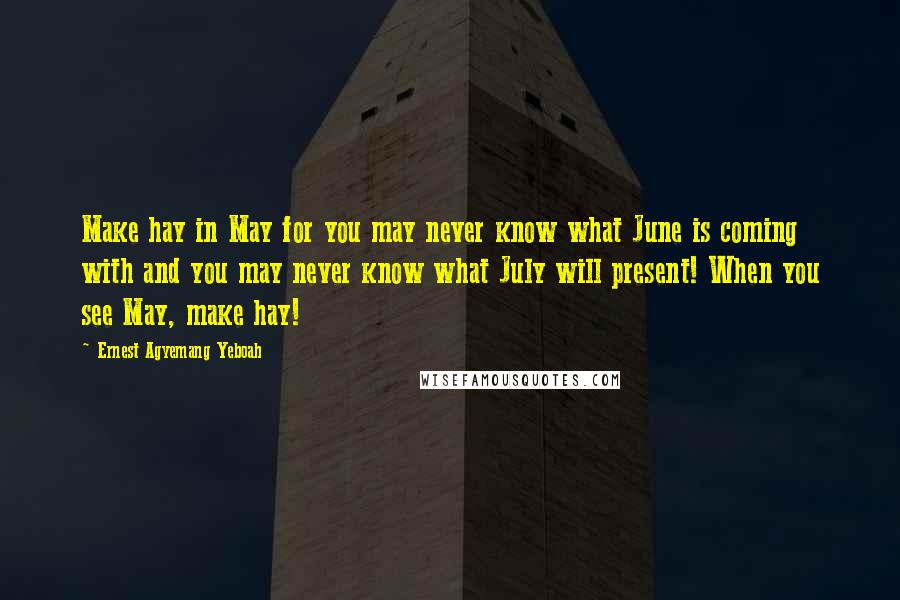 Ernest Agyemang Yeboah Quotes: Make hay in May for you may never know what June is coming with and you may never know what July will present! When you see May, make hay!