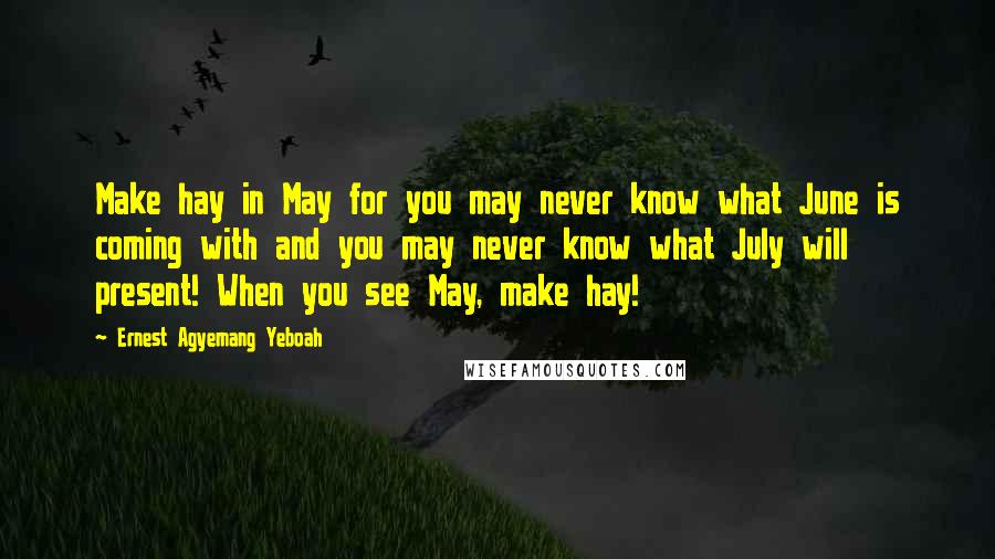 Ernest Agyemang Yeboah Quotes: Make hay in May for you may never know what June is coming with and you may never know what July will present! When you see May, make hay!