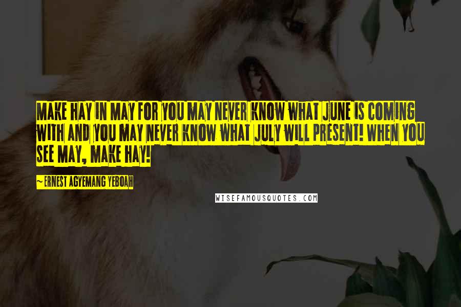 Ernest Agyemang Yeboah Quotes: Make hay in May for you may never know what June is coming with and you may never know what July will present! When you see May, make hay!