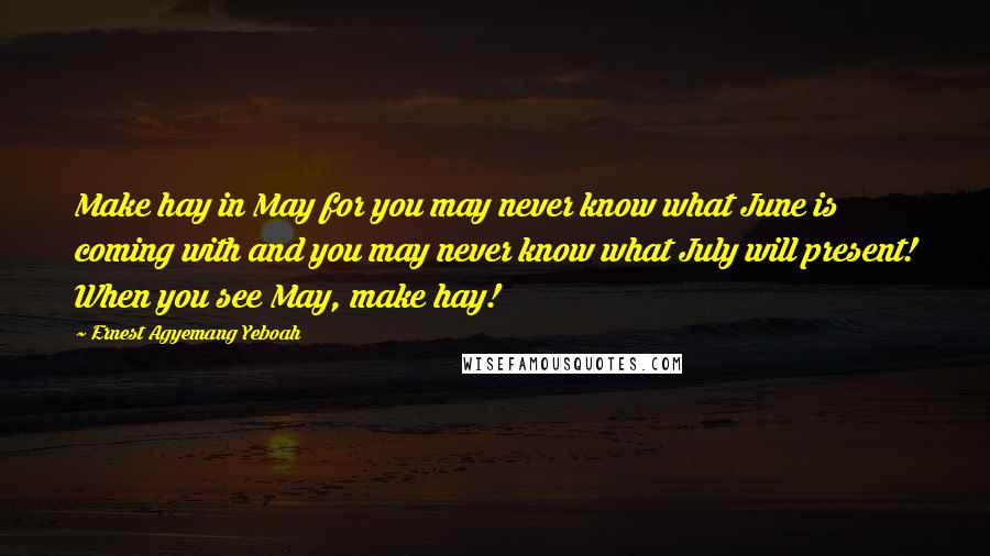 Ernest Agyemang Yeboah Quotes: Make hay in May for you may never know what June is coming with and you may never know what July will present! When you see May, make hay!