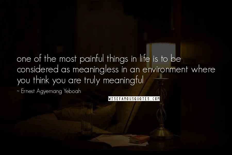 Ernest Agyemang Yeboah Quotes: one of the most painful things in life is to be considered as meaningless in an environment where you think you are truly meaningful