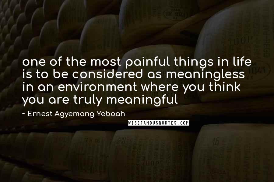 Ernest Agyemang Yeboah Quotes: one of the most painful things in life is to be considered as meaningless in an environment where you think you are truly meaningful
