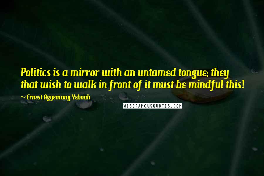 Ernest Agyemang Yeboah Quotes: Politics is a mirror with an untamed tongue; they that wish to walk in front of it must be mindful this!