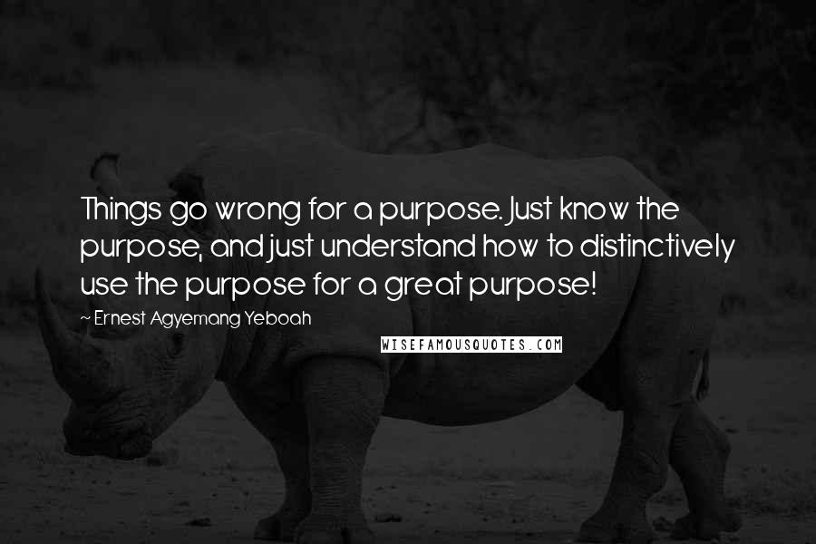 Ernest Agyemang Yeboah Quotes: Things go wrong for a purpose. Just know the purpose, and just understand how to distinctively use the purpose for a great purpose!