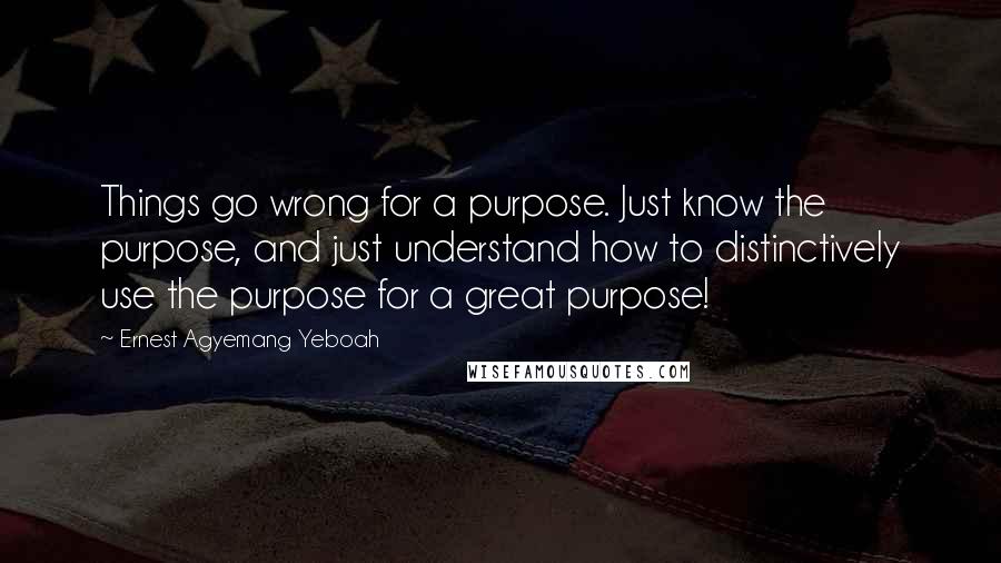 Ernest Agyemang Yeboah Quotes: Things go wrong for a purpose. Just know the purpose, and just understand how to distinctively use the purpose for a great purpose!