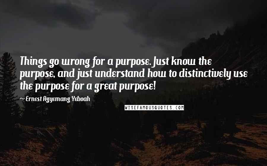 Ernest Agyemang Yeboah Quotes: Things go wrong for a purpose. Just know the purpose, and just understand how to distinctively use the purpose for a great purpose!