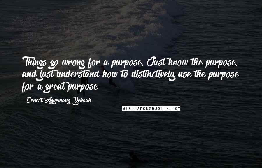 Ernest Agyemang Yeboah Quotes: Things go wrong for a purpose. Just know the purpose, and just understand how to distinctively use the purpose for a great purpose!