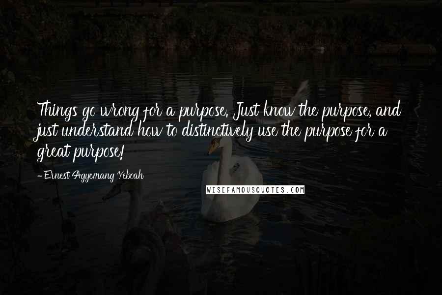 Ernest Agyemang Yeboah Quotes: Things go wrong for a purpose. Just know the purpose, and just understand how to distinctively use the purpose for a great purpose!