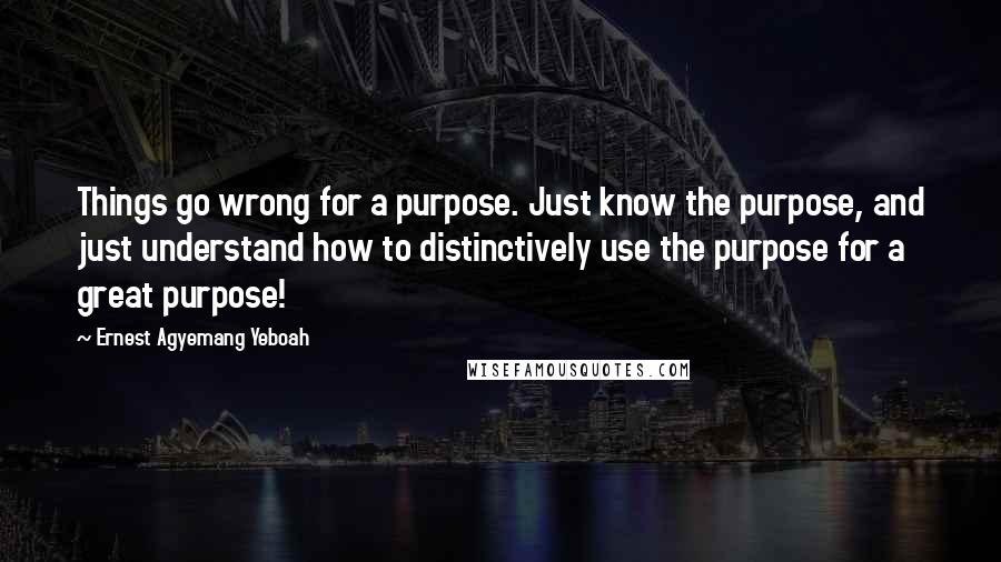 Ernest Agyemang Yeboah Quotes: Things go wrong for a purpose. Just know the purpose, and just understand how to distinctively use the purpose for a great purpose!