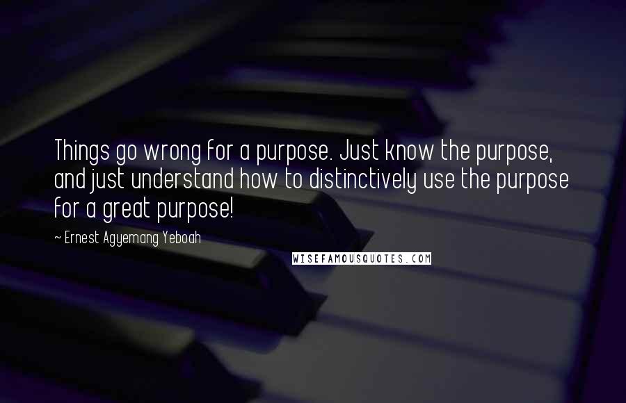 Ernest Agyemang Yeboah Quotes: Things go wrong for a purpose. Just know the purpose, and just understand how to distinctively use the purpose for a great purpose!