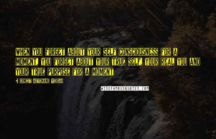 Ernest Agyemang Yeboah Quotes: When you forget about your self consciousness for a moment, you forget about your true self, your real you and your true purpose for a moment