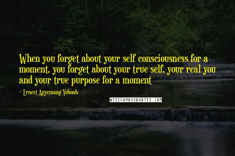 Ernest Agyemang Yeboah Quotes: When you forget about your self consciousness for a moment, you forget about your true self, your real you and your true purpose for a moment