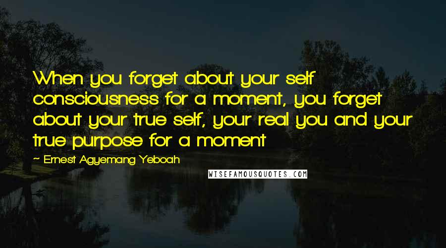 Ernest Agyemang Yeboah Quotes: When you forget about your self consciousness for a moment, you forget about your true self, your real you and your true purpose for a moment