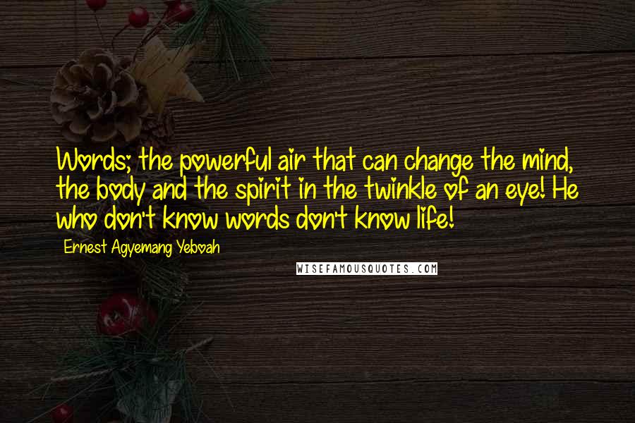 Ernest Agyemang Yeboah Quotes: Words; the powerful air that can change the mind, the body and the spirit in the twinkle of an eye! He who don't know words don't know life!