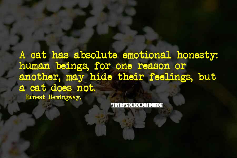 Ernest Hemingway, Quotes: A cat has absolute emotional honesty: human beings, for one reason or another, may hide their feelings, but a cat does not.