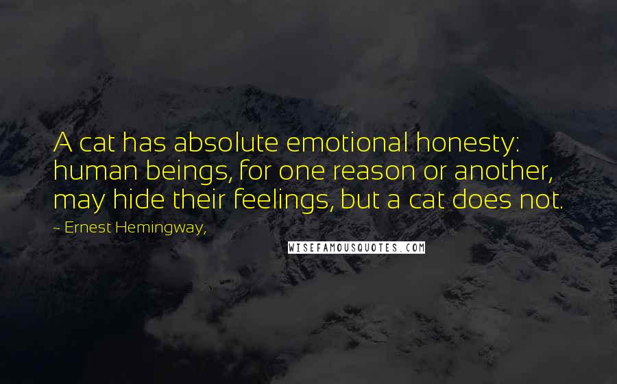 Ernest Hemingway, Quotes: A cat has absolute emotional honesty: human beings, for one reason or another, may hide their feelings, but a cat does not.